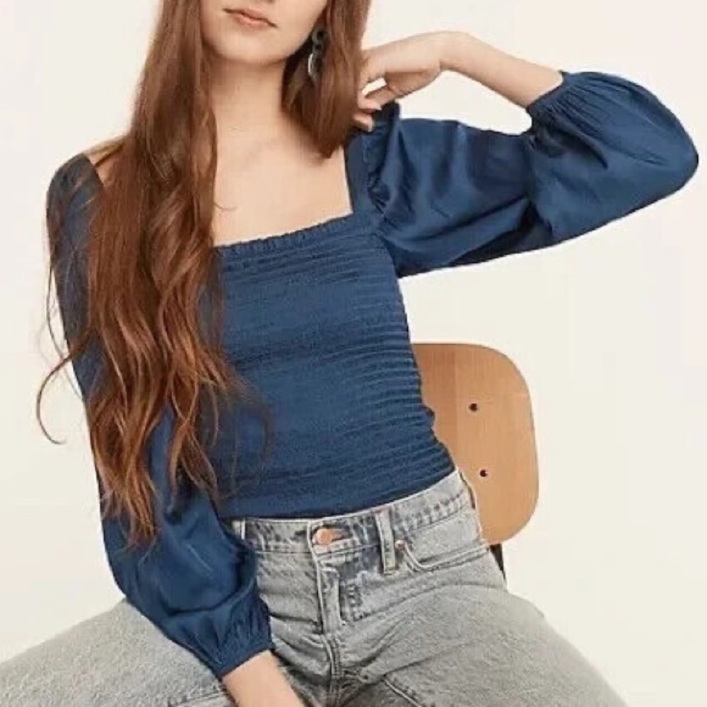 J. Crew Blouse Squareneck Smocked Featherweight Satin Cropped Top Women XL Blue
